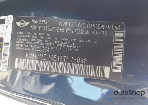 2006 Mini Cooper S z USA, uszkodzony, nr VIN WMWRE33516TL23088